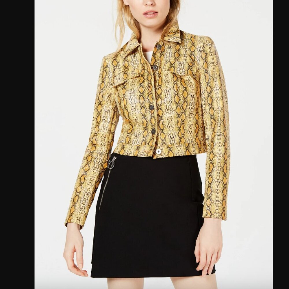 Bar III Yellow Snakeskin Faux Leather Cropped Jacket M NWT